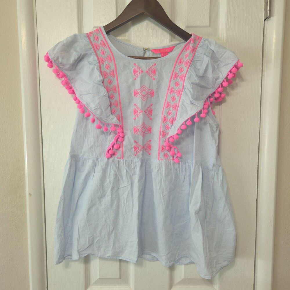 Lilly Pulitzer Graquelle Top Medium Blue Pink Embroidered Pom Pom Ruffle